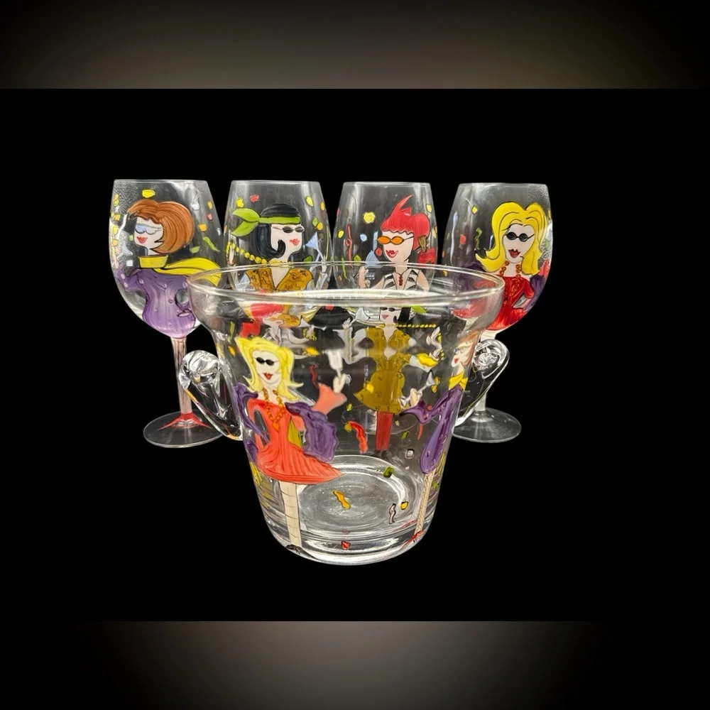 Vintage Hand Painted Whimsical Ladies Night Wine Glasses and Ice Bucket Set